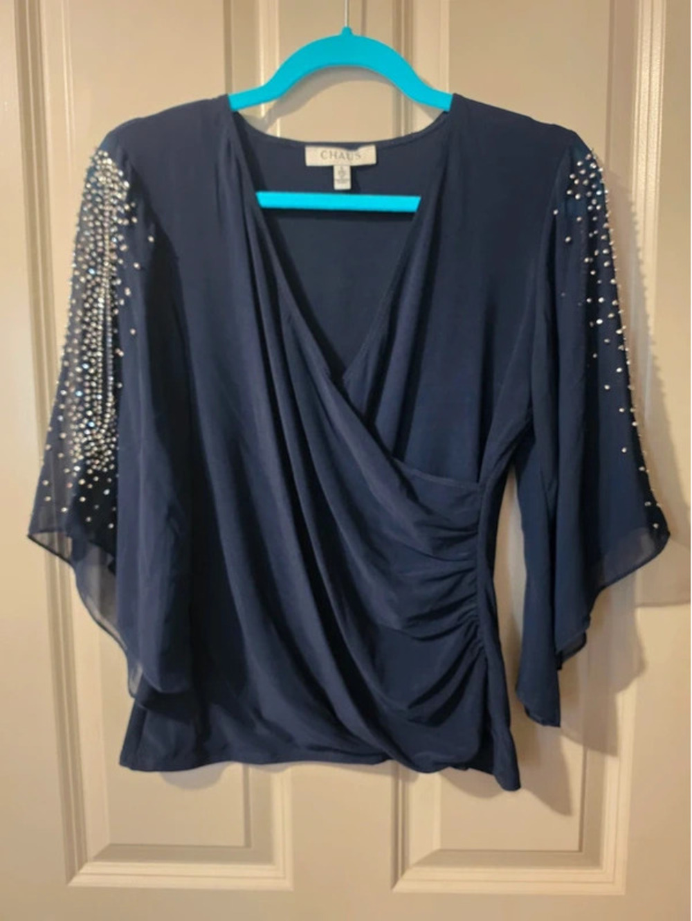 Chaus Embellished Split Sleeve Surplice Blouse Navy S